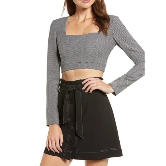 Wayf Tops - WAYF Fae Check Crop Top In Grey Mini Hounds Tooth Plus Size XXL